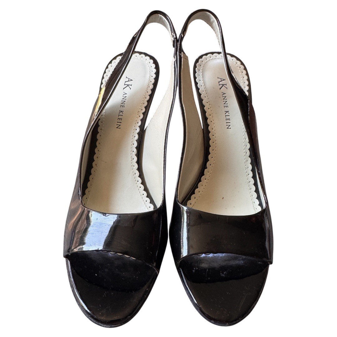 Ak Anne Klein Black Patent Leather Slingback Peep Toe Heels Size 7.5m